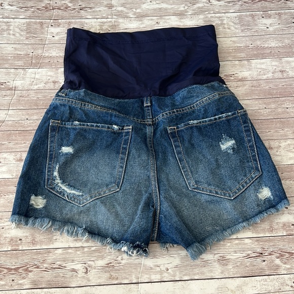 Pinkblush Dark Wash Distressed Raw Hem Maternity Full Panel Shorts - Picture 7 of 9
